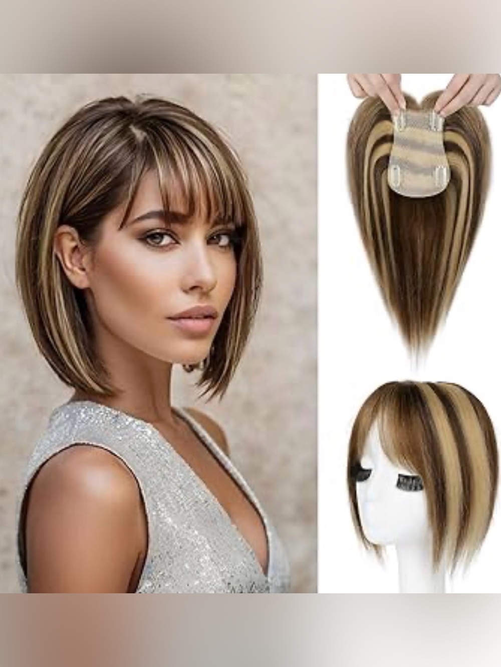 Human Hair Caramel & Brown Hair‎ Topper extension with bangs #TE6